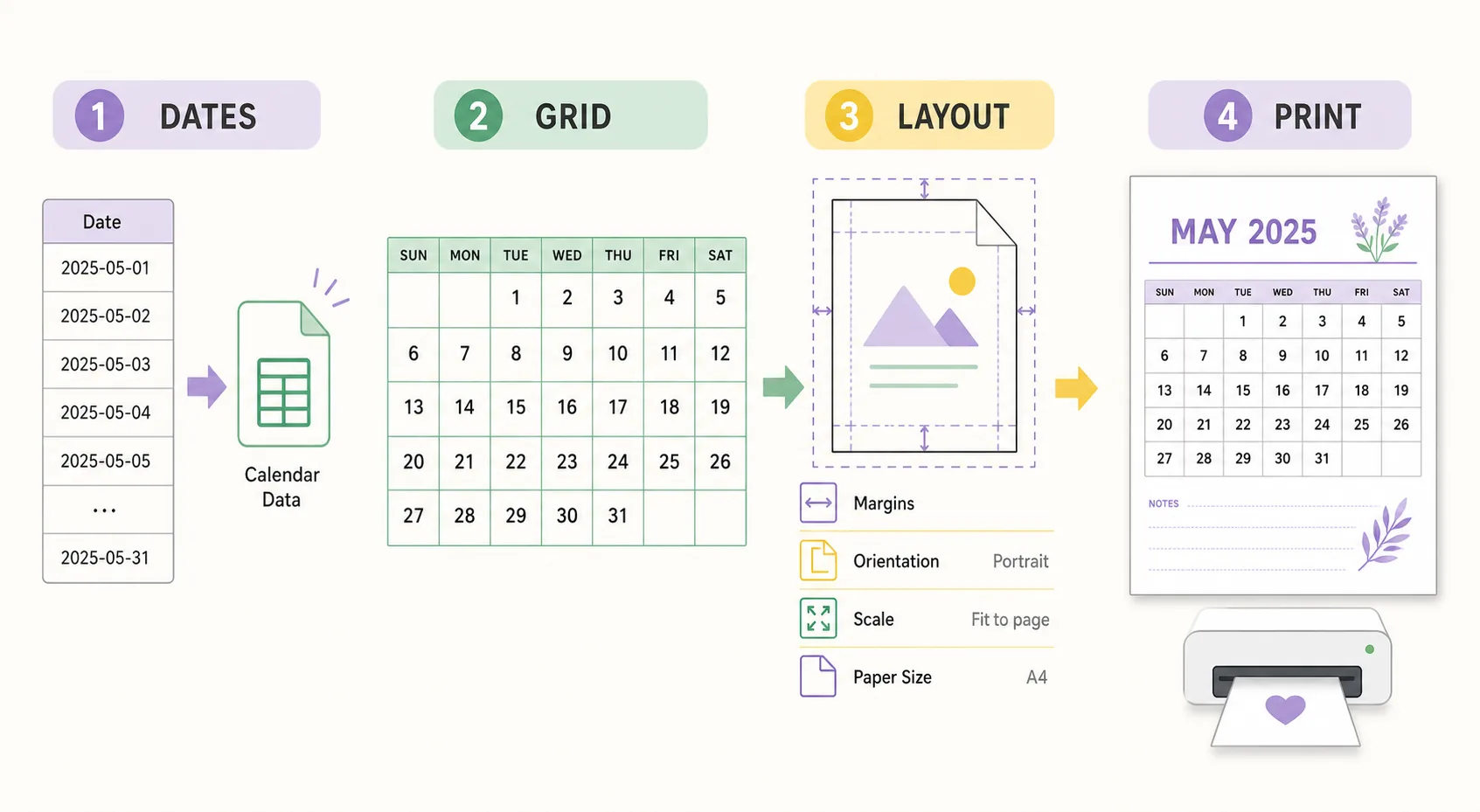 Four-step editorial diagram showing dates, grid, layout, and print stages