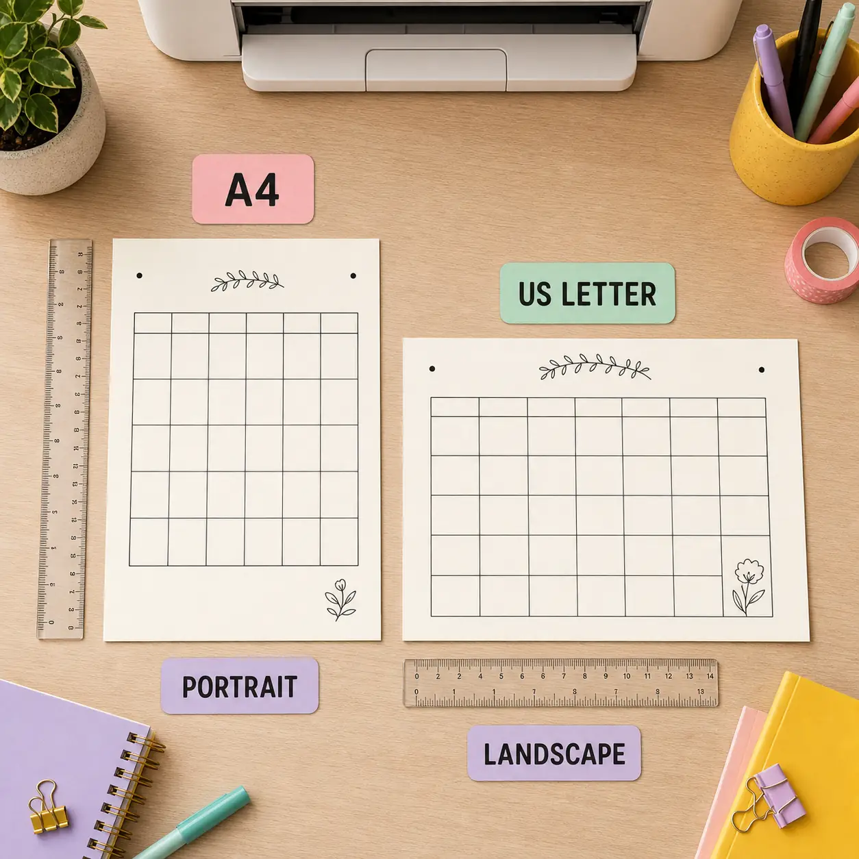 A4 and US Letter calendar sheets compared in portrait and landscape orientation with rulers