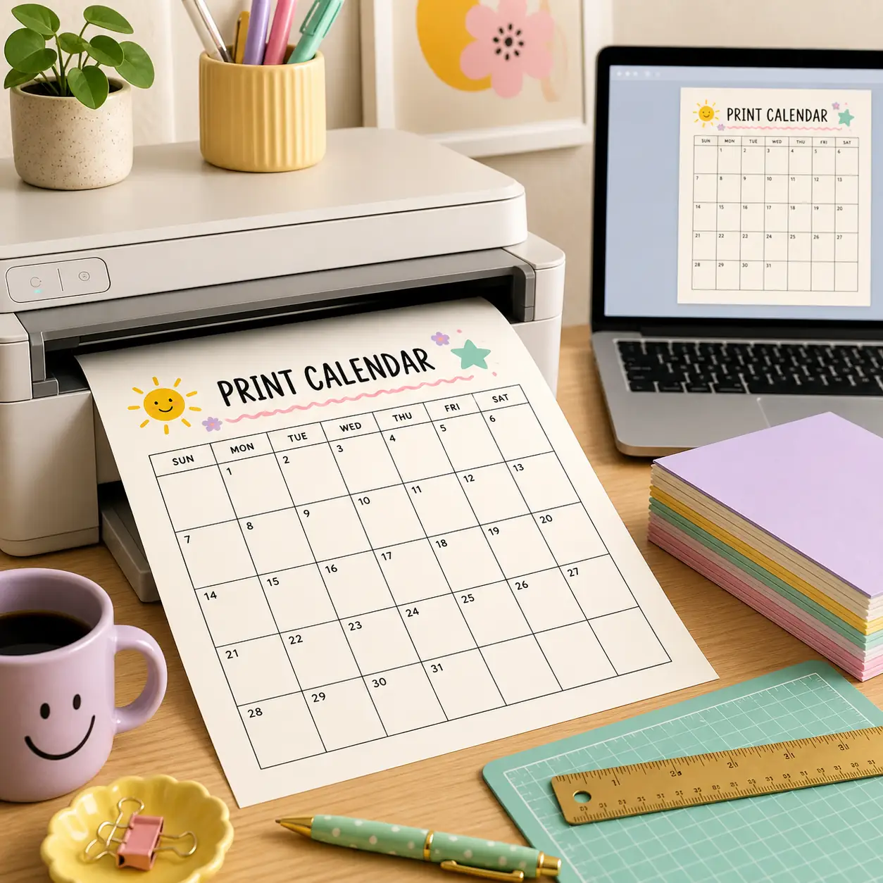 A monthly calendar sheet emerging from a home printer beside a laptop preview and ruler