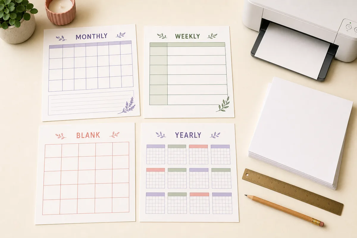 Monthly, weekly, blank, and yearly paper calendar templates arranged beside a printer